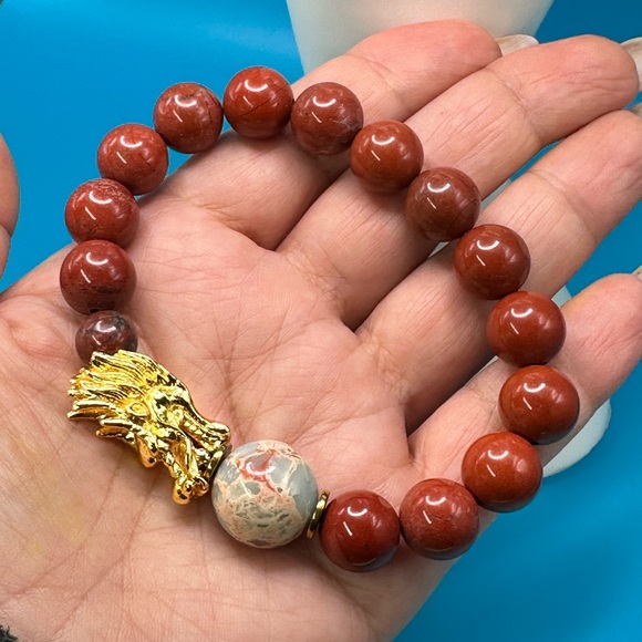 YEAR OF THE DRAGON RED JASPER NATURAL STONES BRACELET size 7.5” - Picture 5 of 9